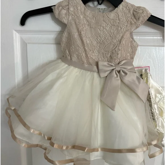 Rare Editions Baby Girls Lace Cap Sleeve Tiered Mesh Skirt Dress - Taupe - Size 12 Months